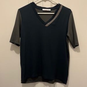 Fabiana Filippi Navy Blue V-Neck Top with Silver Beading